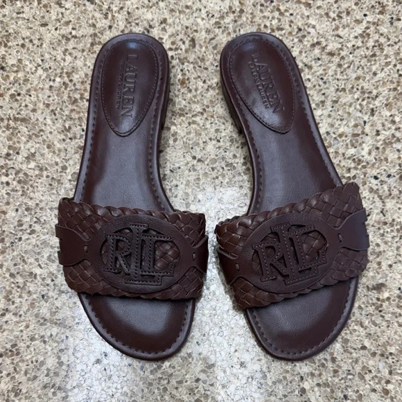 Lauren Ralph Lauren Alegra Woven Leather Brown Slide Sandals - Picture 2 of 10
